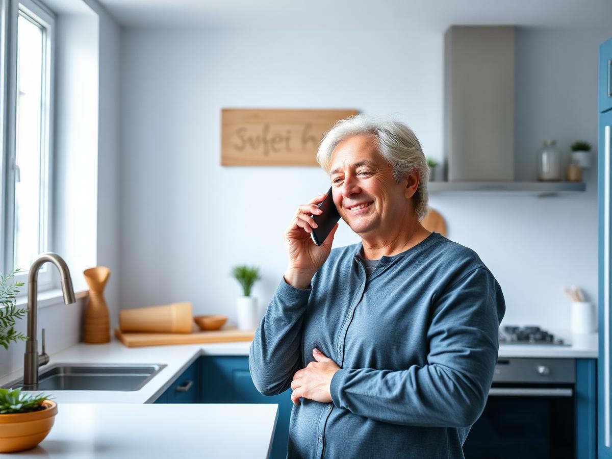 A homeowner speaking on the phone in a bright kitchen